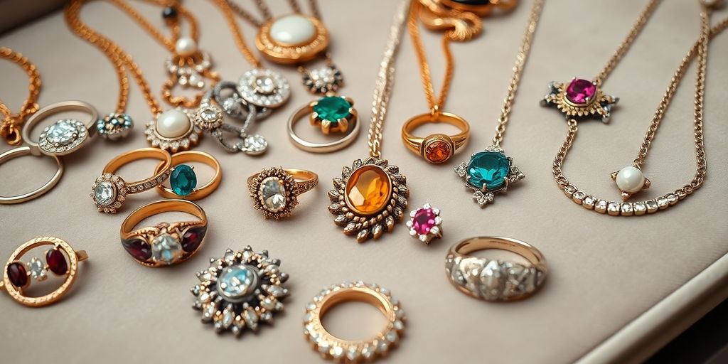 Assortiment de bijoux hérités sur fond en velours.