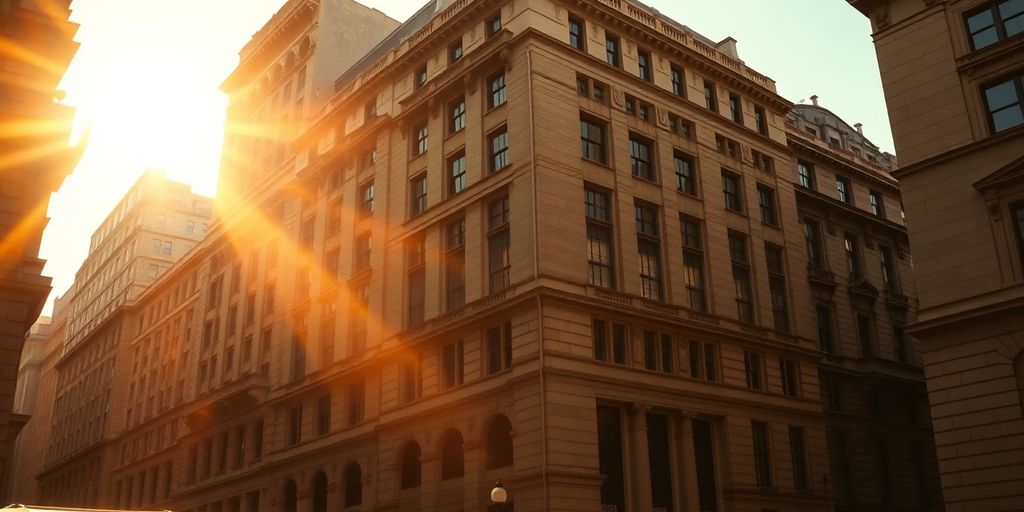 Photographic image of historic financial district buildings at golden hour.