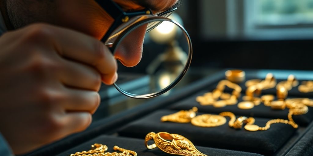 Évaluateur examinant des bijoux en or avec une loupe.