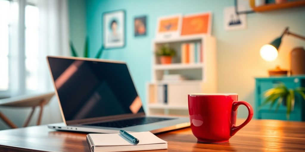 Cozy workspace with laptop and notepad for online learning.