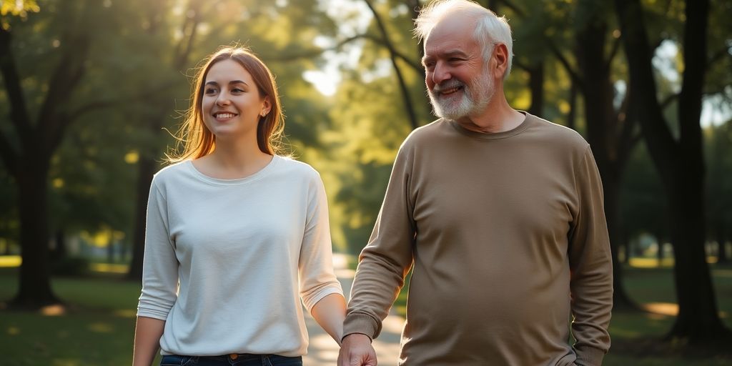 Young woman, older man, walking, holding hands