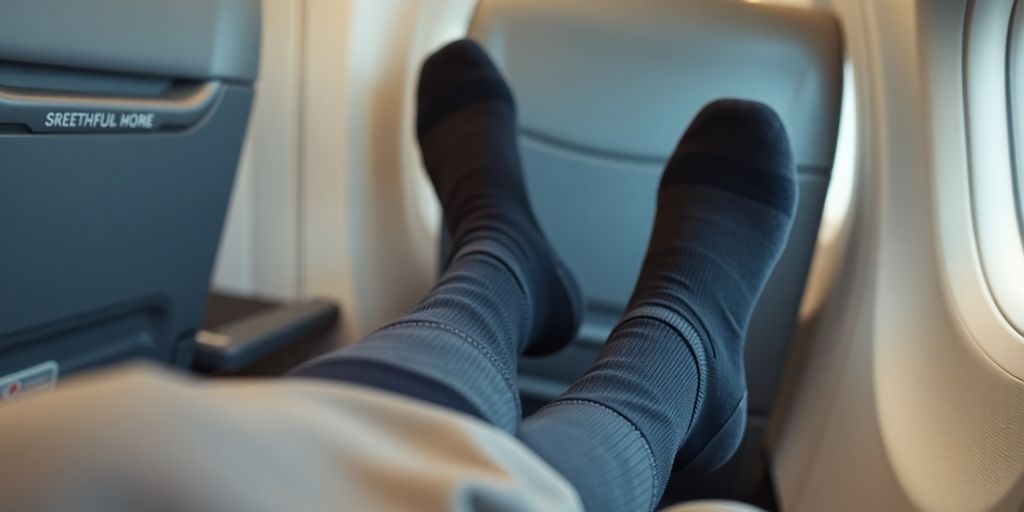 Person wearing compression socks on an airplane.