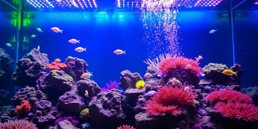 Vibrant reef aquarium with colorful corals and fish.