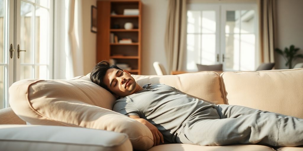 Person sleeping peacefully on a comfortable couch.