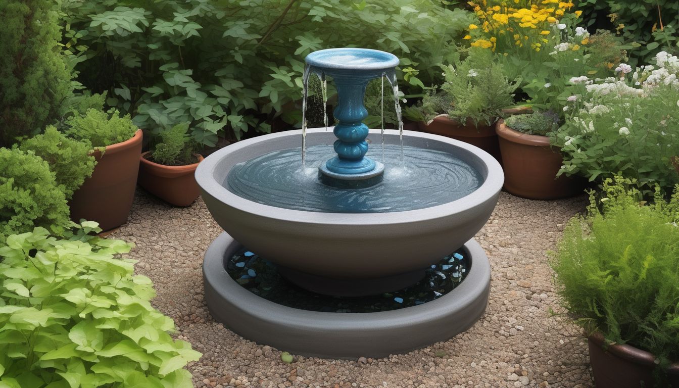 tabletop water fountain in a small garden
