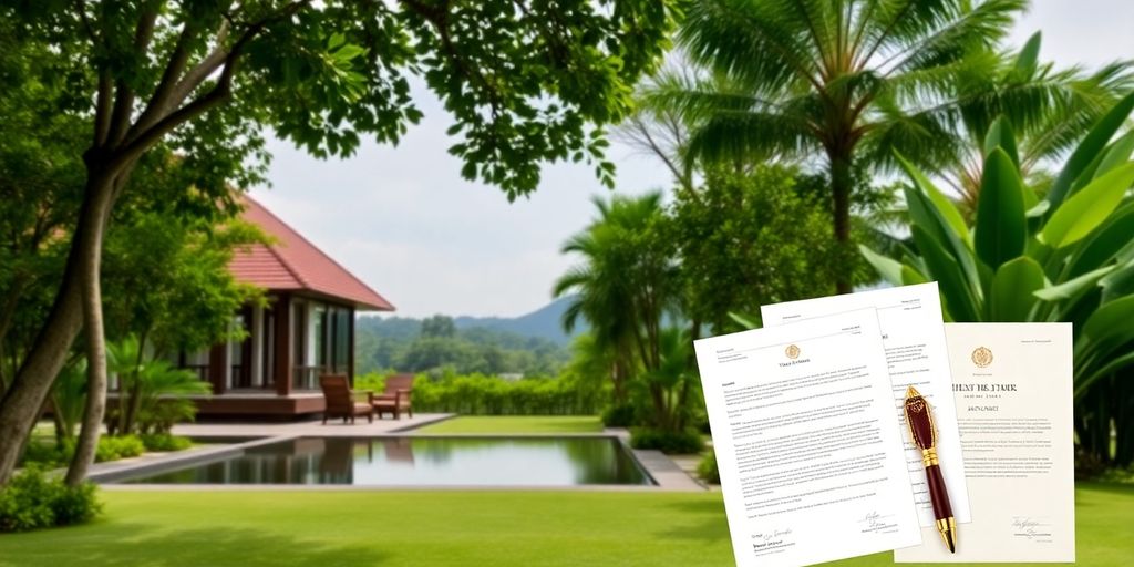 Thai villa exterior with company documents.