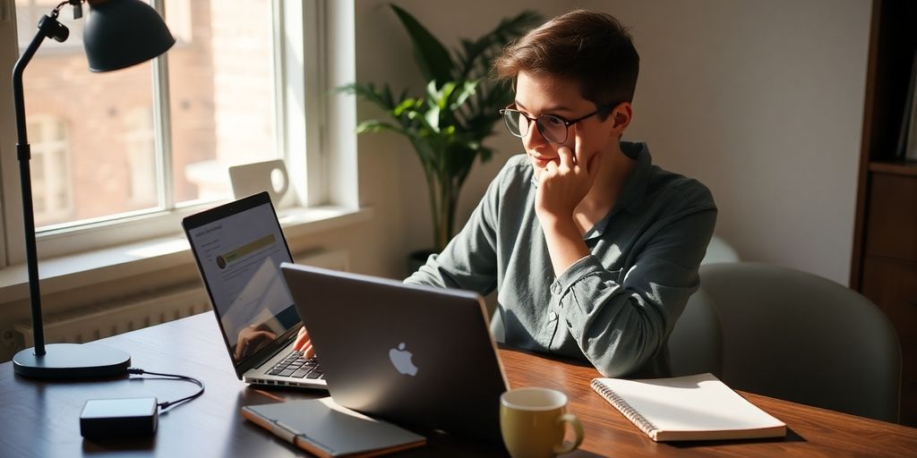 Person considering job application with laptop on desk.