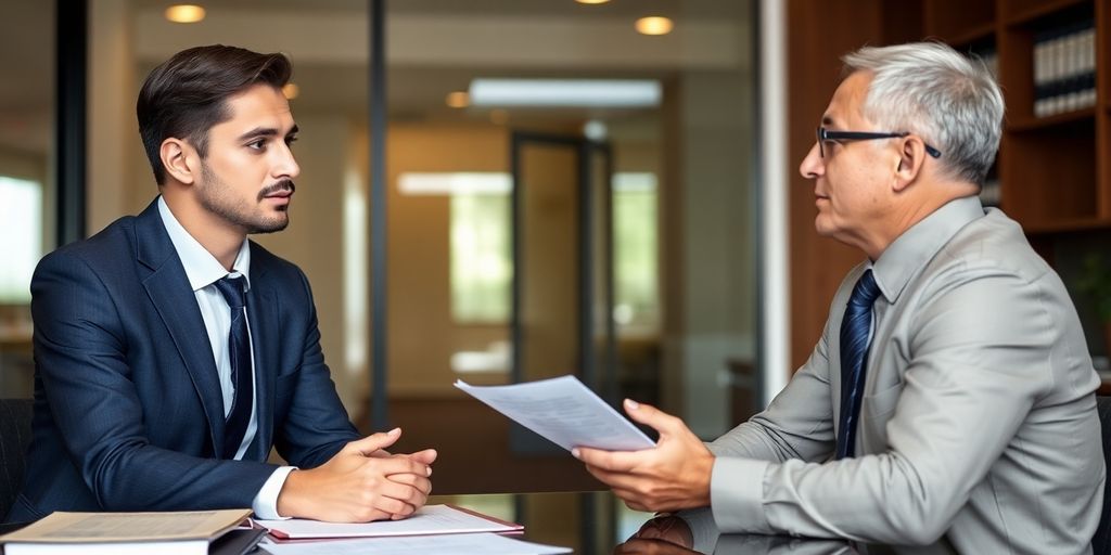 Attorney consulting with client in office setting.