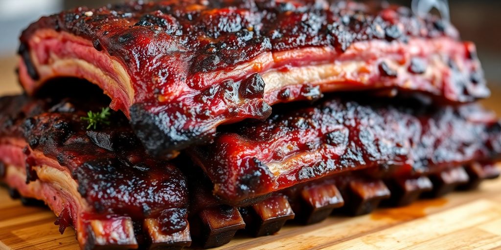 Close-up, beef ribs, smoky, glistening, dark.