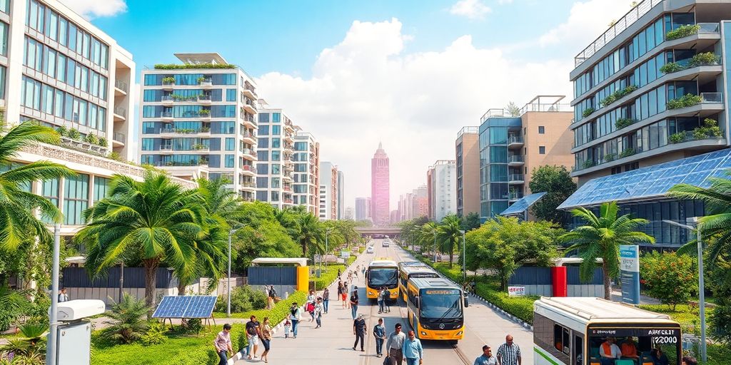 Vibrant smart city with modern buildings and greenery.