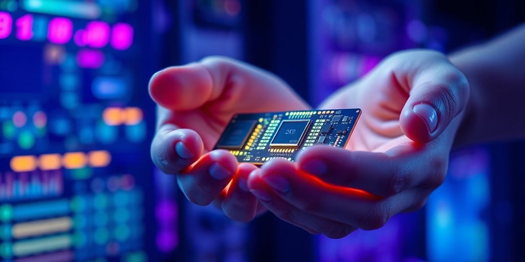Manos sosteniendo chips informáticos iluminados