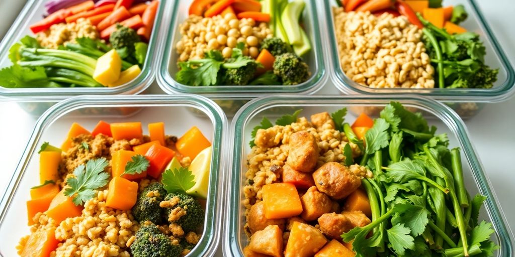 Colorful meal prep containers filled with healthy dinners.