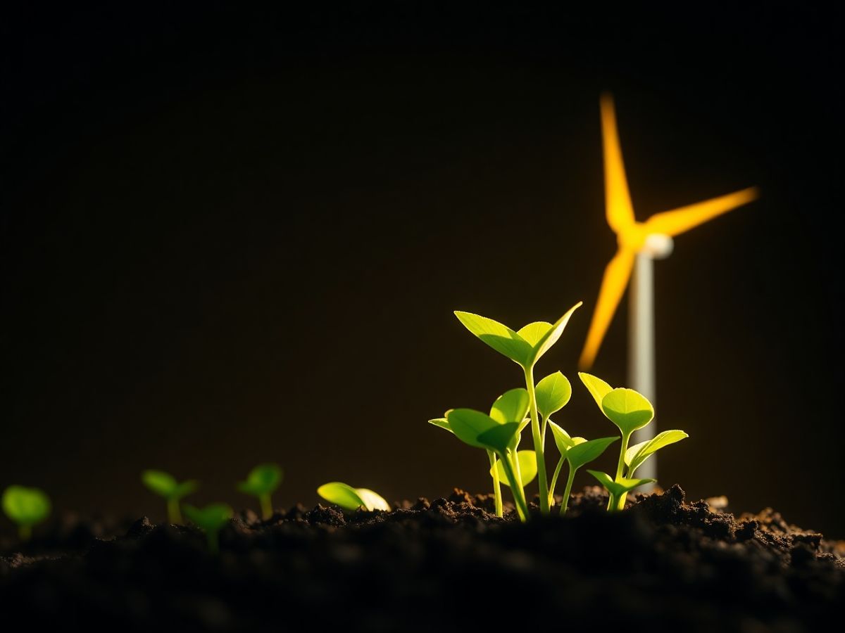 Startup verde cu frunze vibrante și o turbină eoliană luminoasă.