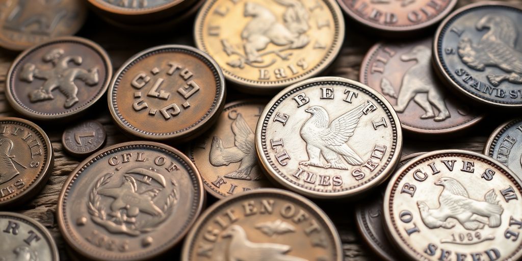 Close-up of Civil War era coins on wooden surface.