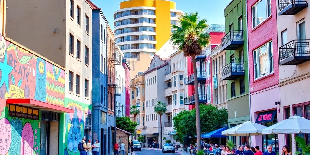 Colorful street scene in diverse Los Angeles neighborhoods.