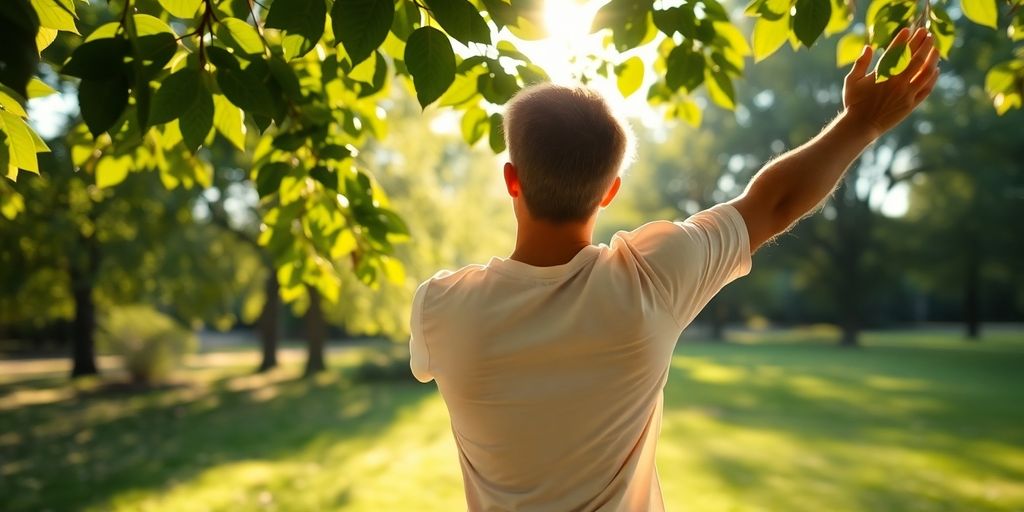 Person stretching outdoors, feeling relief and vitality.