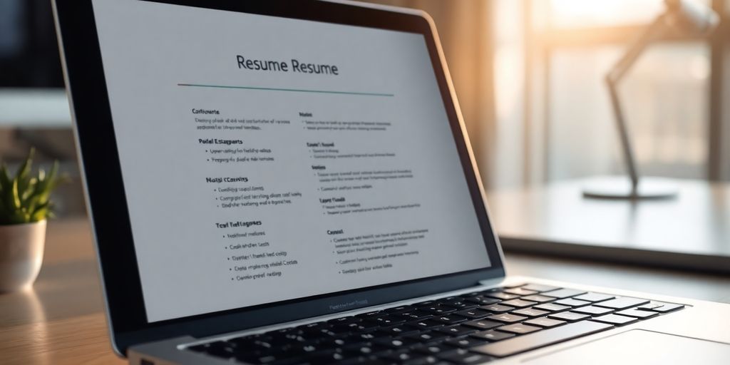 Laptop screen with resume template, warm lighting