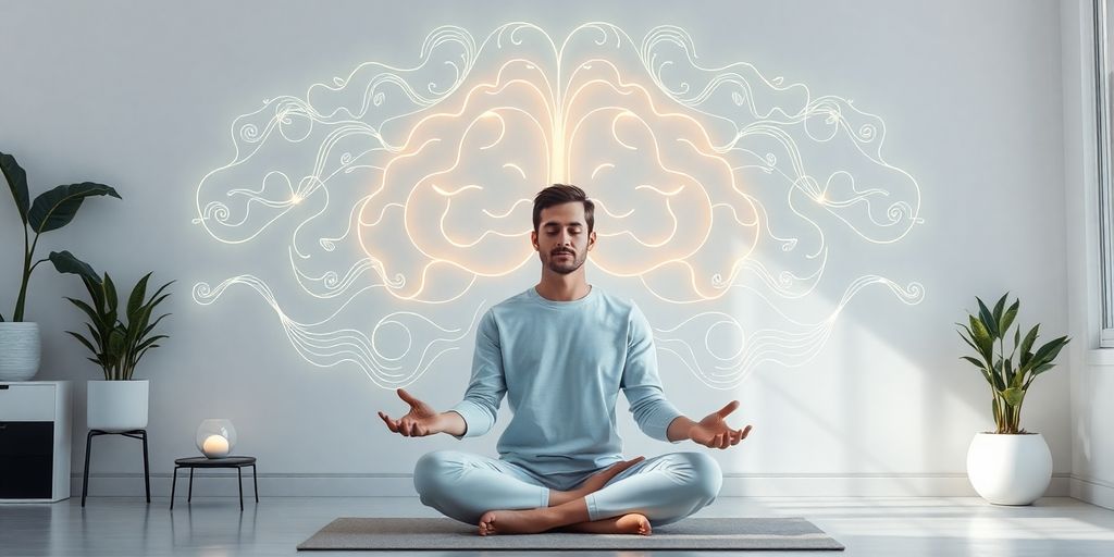 Meditating person with glowing brain wave patterns around.