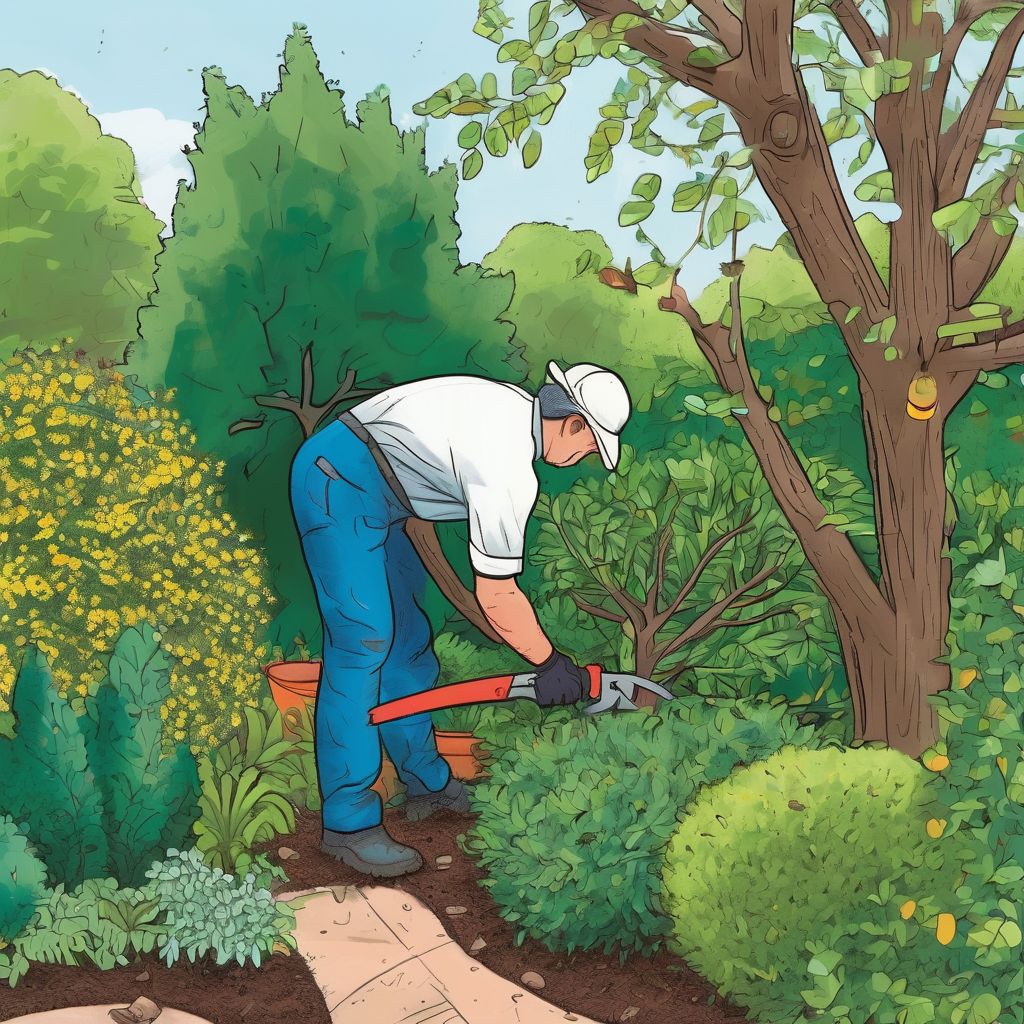 person pruning trees and shrubs in a garden