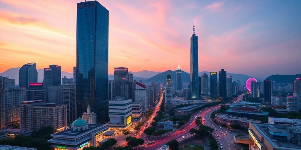Shenzhen skyline at dusk with modern skyscrapers.