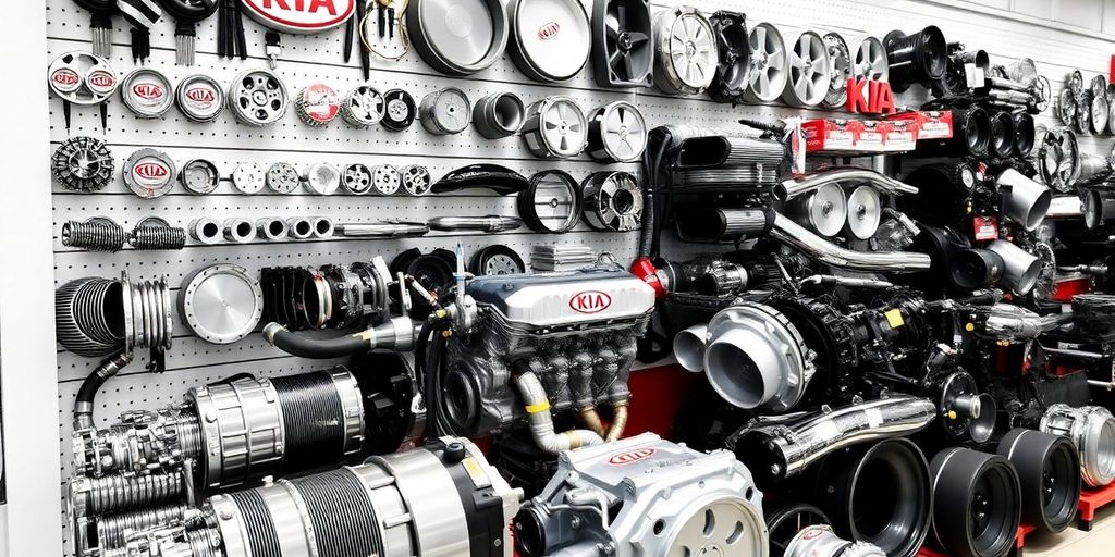 New Kia car parts neatly arranged.