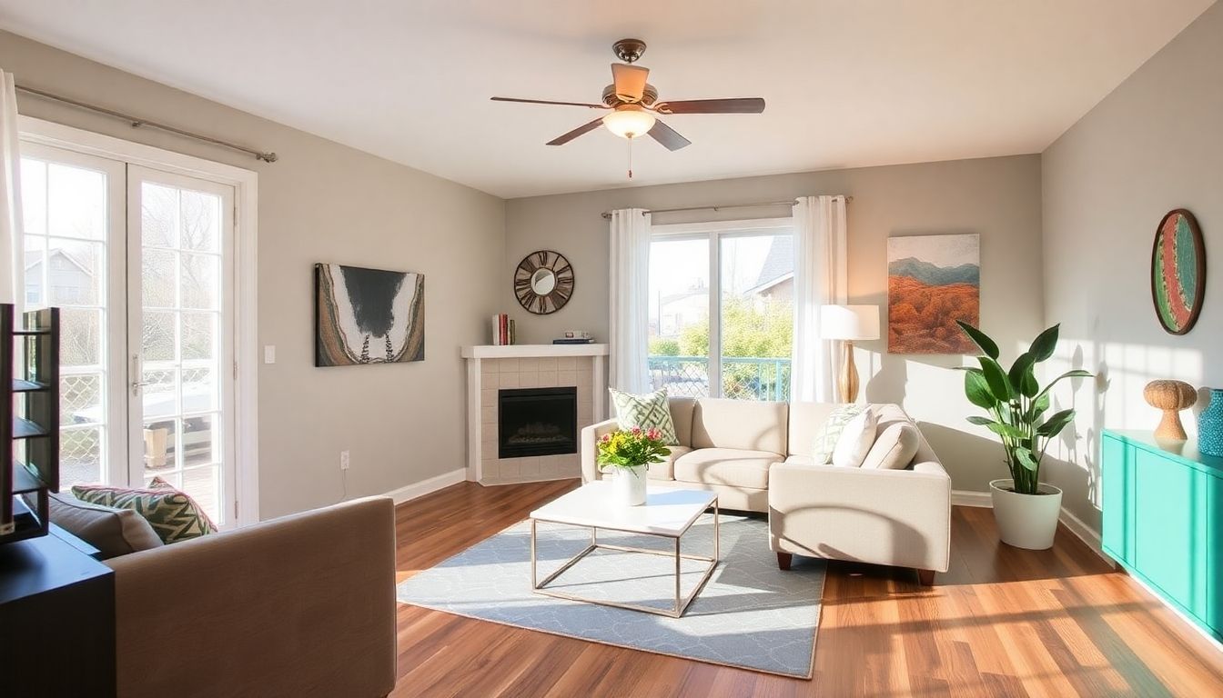 Refurbished living room with fresh paint and stylish flooring.