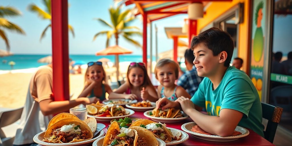 Kids eating tacos on a beach in Cabo.
