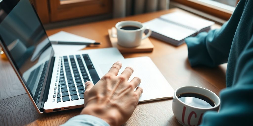 Writer editing an article on a laptop with coffee.