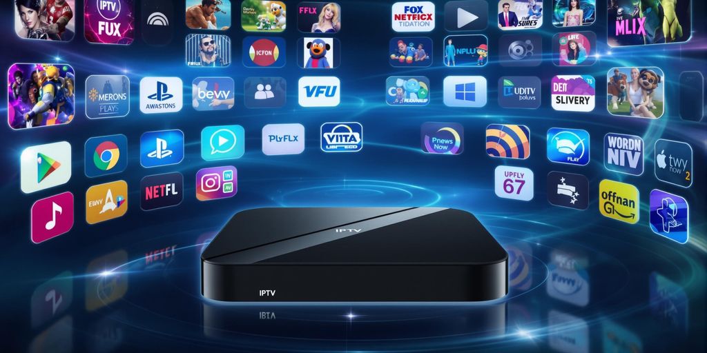 Moderne IPTV-Box mit Streaming-Icons.
