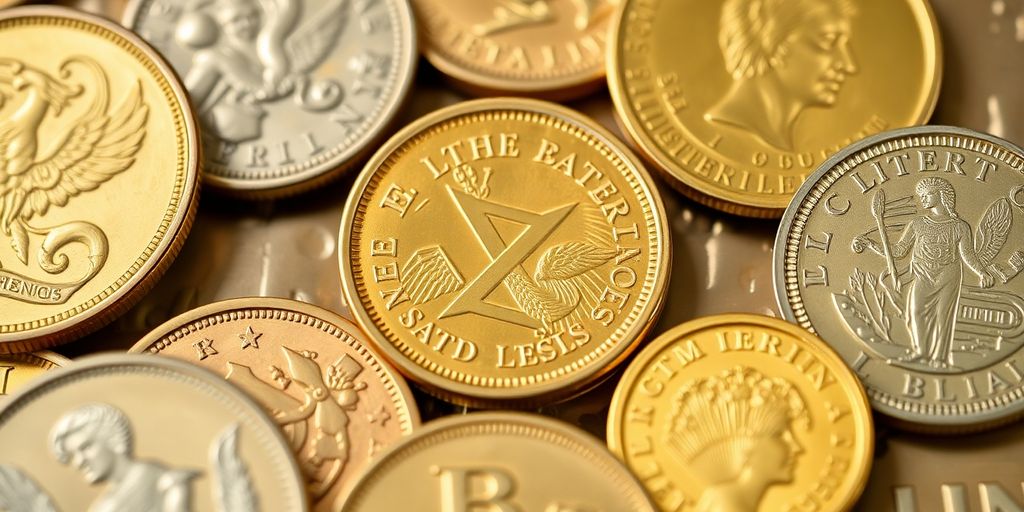 Pièces d'or numismatiques avec des designs détaillés.