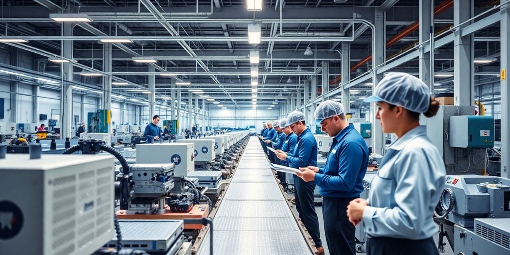 Werkvertrag-Fallbeispiel: Prozessoptimierung in der Produktion mit Akliman Produktionseinrichtung mit Arbeitern und blauen Akzenten.