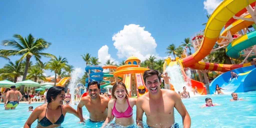 Vibrant water park scene with families enjoying water activities.