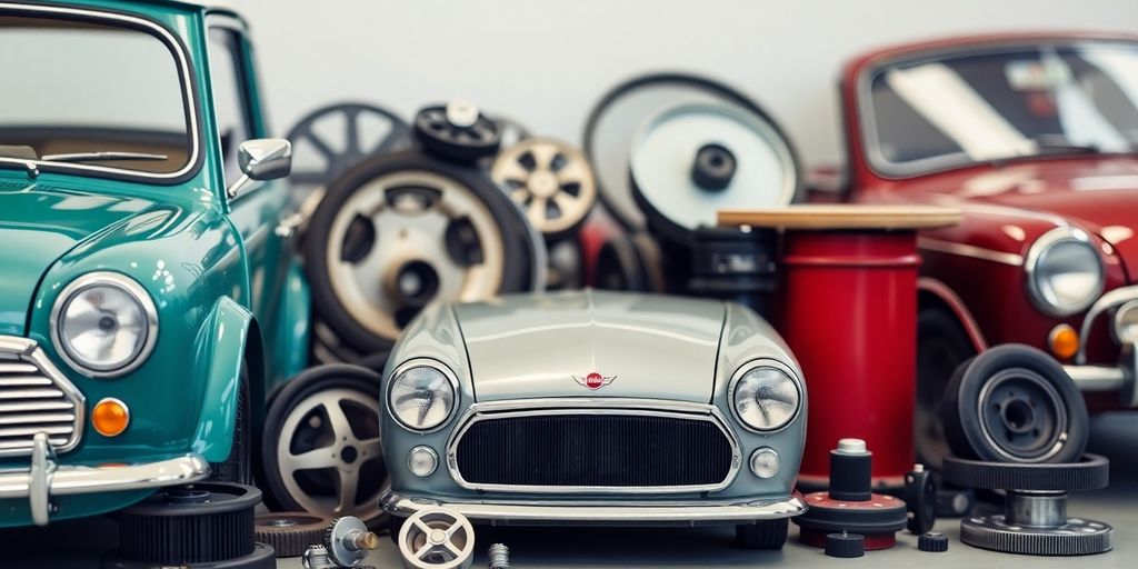 Mini Cooper car parts on a clean surface.