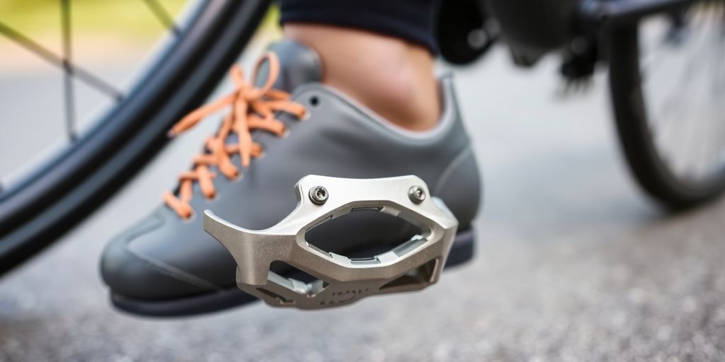 Close-up of cycling cleats attached to pedals.