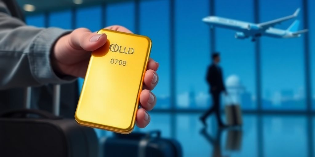 Voyageur tenant une barre d'or à l'aéroport.