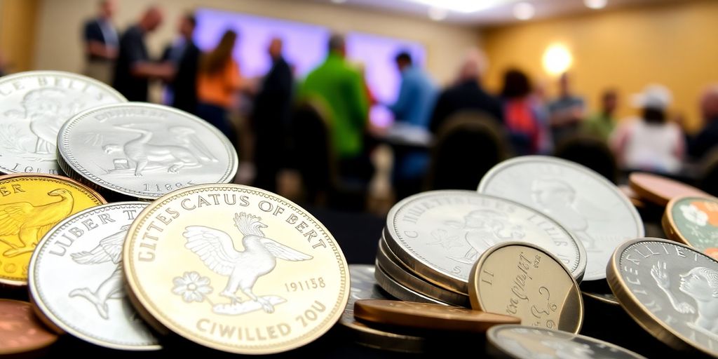 Coins and club members gathering.