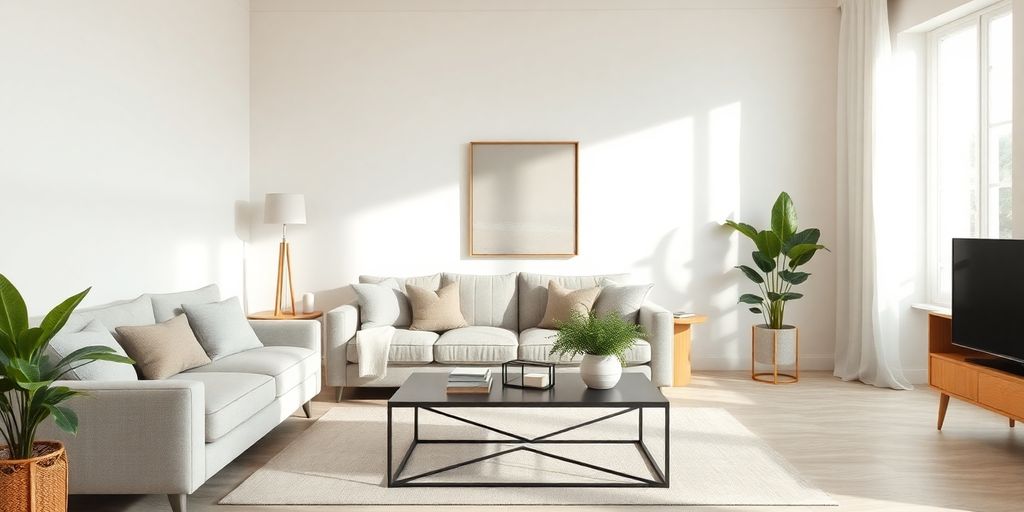 Elegant living room with neutral color palette and decor.