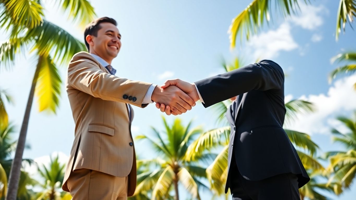 Two business people shaking hands under palm trees.
