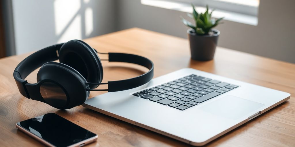 Laptop and headphones on desk beside smartphone and potted plant