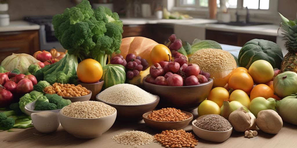healthy high fiber foods on a kitchen table