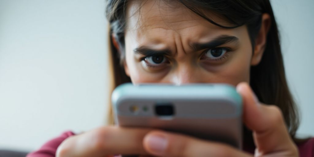 A suspicious spouse observing their partner secretly on phone.