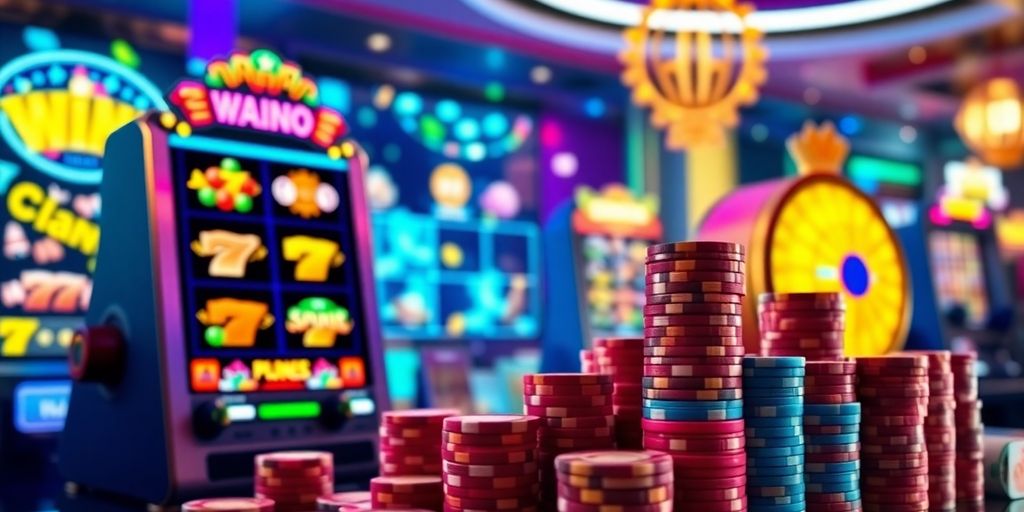 Online casino games with chips and slot machine reels.