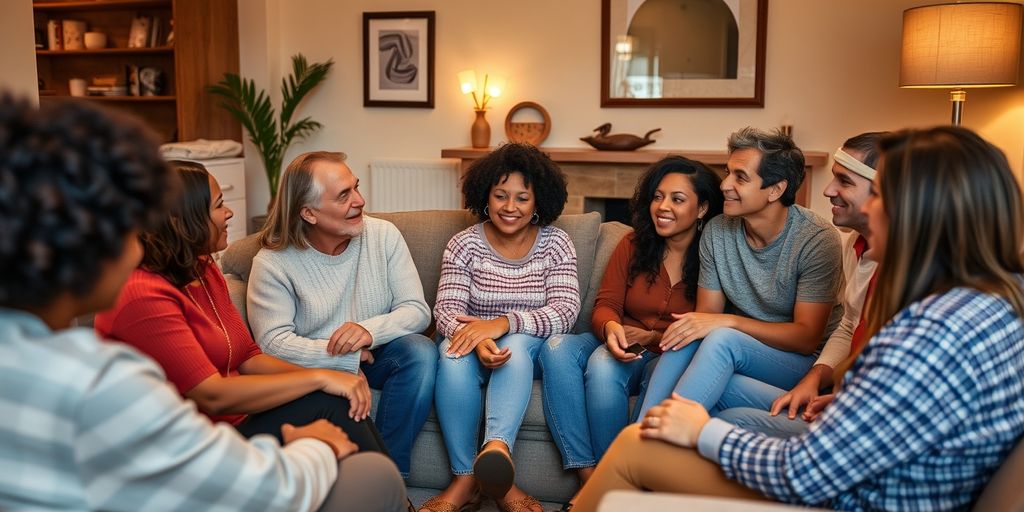 Diverse group in cozy living room talking.
