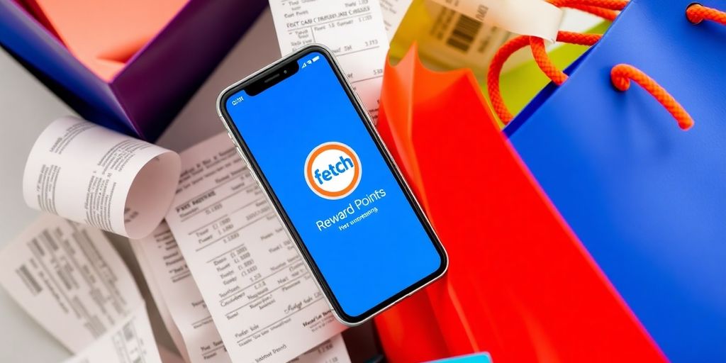Smartphone with Fetch Rewards app and colorful receipts.