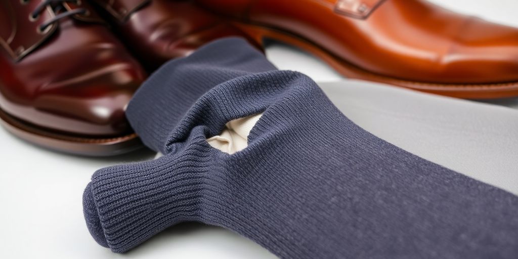 Close-up of a ripped dress sock on a shoe.