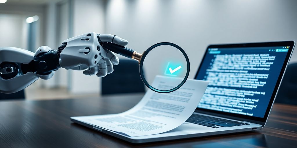 Mão robótica com lupa inspecionando um documento legal.
