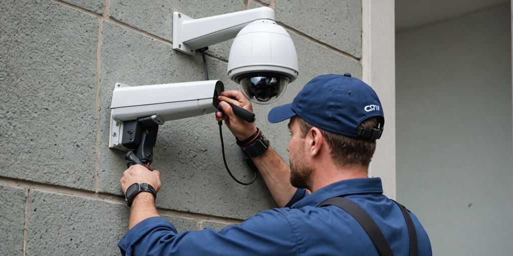 Technician installing CCTV camera on building wall.