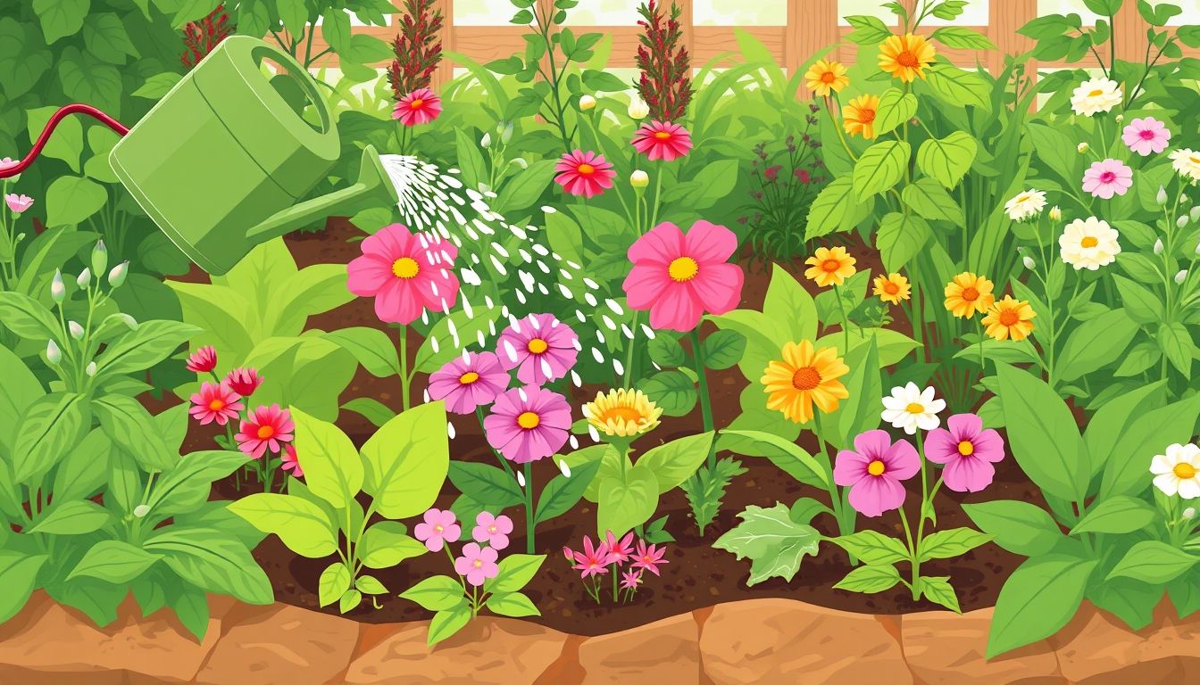 Watering can nurturing a vibrant garden