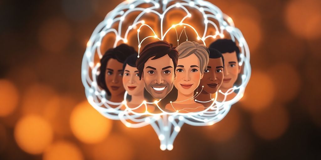 AI brain with customer faces glowing within.