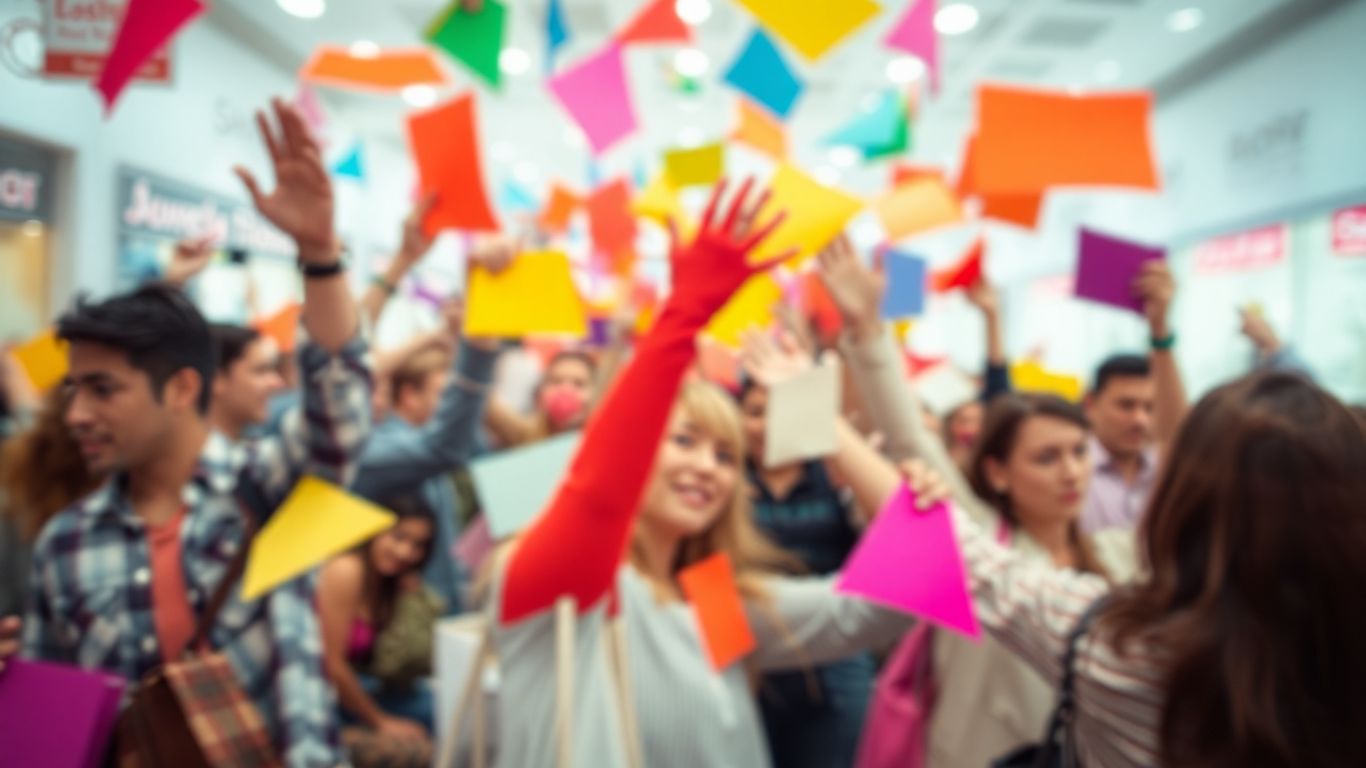 Energetic shoppers reaching for abstract sale shapes.